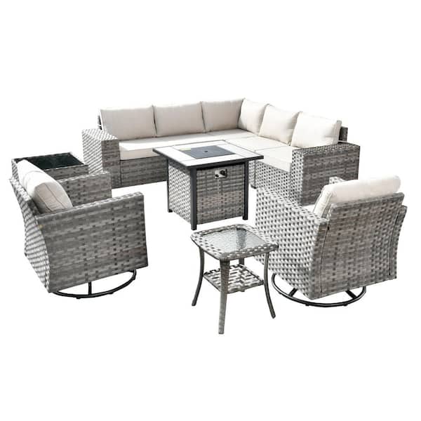 Crater Grey 10-Piece Wicker Outdoor Patio Fire Pit Conversation Sofa Set with Swivel Rocking Chairs and Beige Cushions