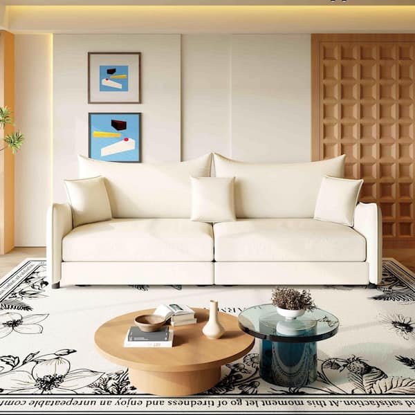 81.9 in. Square Arm Velvet Rectangle Sofa with Sofa Bed and Pillows in Beige/White (Seats 3)