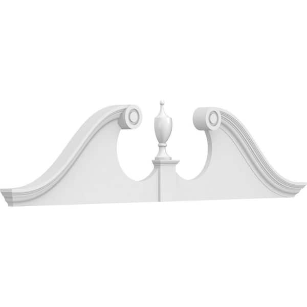 Ekena Millwork 68 in. W x 17 in. H x 2-3/4 in. P Rams Head Signature Urethane Pediment (Urn Ships Unattached in Box), Primed Tan
