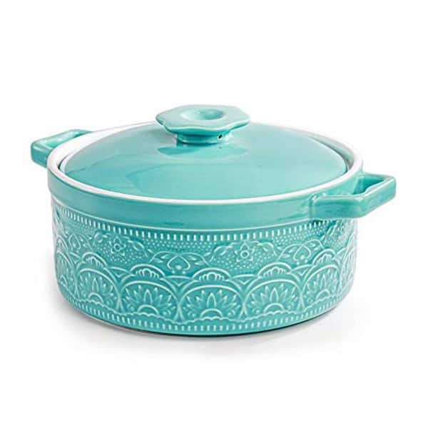 2 Quart Round Ceramic Casserole Dish with Lid, 7.5 Inch Oven Safe Glazed Baking Pot, Lace Embossed Soup Pots, Non-Stick