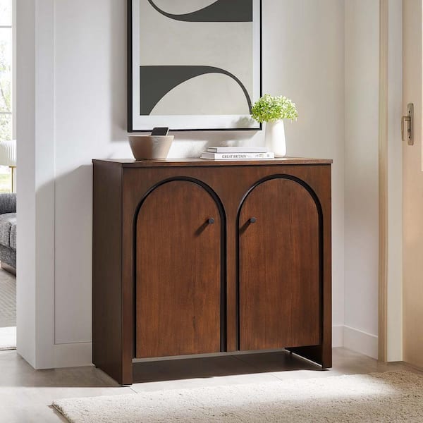 MODWAY Appia Walnut Wood 36.2in Sideboard Storage Cabinet with 2-Door Arched Door