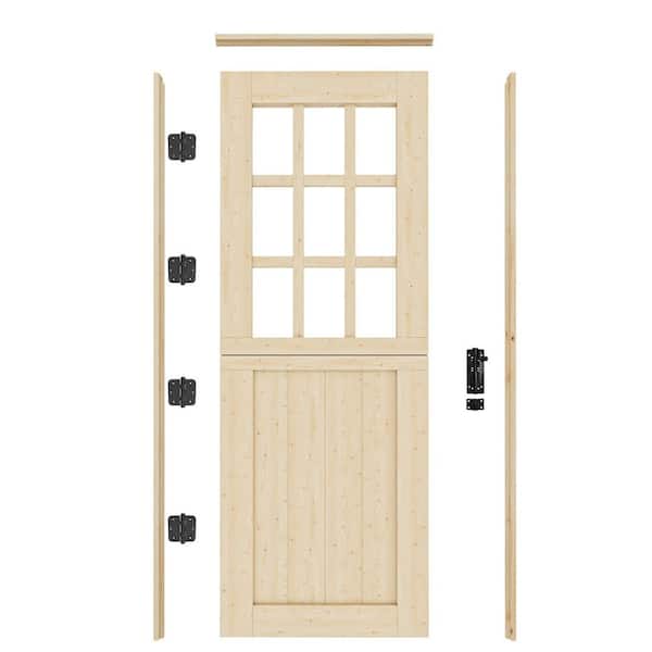 30 in. x 80 in. Solid Pine Universal 9-Lite Clear Glass Unfinished Dutch Wood Prehung Front Door w/Quick Assemble Jamb