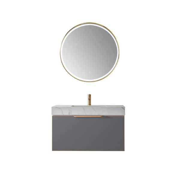 ROSWELL Alicante 36 in. W x 20.9 in. D x 21.7 in. H Single Sink Bath Vanity in Grey with White Sintered Stone Top and Mirror