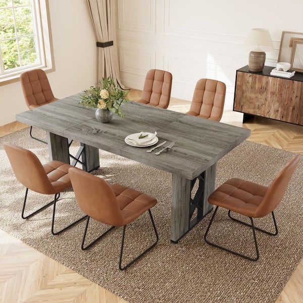 7-Pieces Rectangular Gray MDF Top Dining Table Set Seating 6 People(Gray Table+6 Brown Chairs）