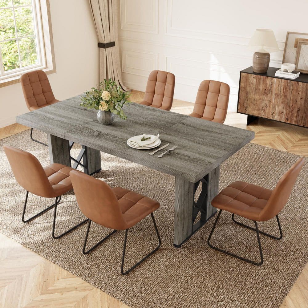 7-Pieces Rectangular Gray MDF Top Dining Table Set Seating 6 People(Gray Table Plus 6 Brown Chairs） price history on PriceWatchPro