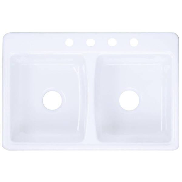 KOHLER Deerfield Self-Rimming Drop-in Cast Iron 16.06 in. 3-Hole Double Kitchen Sink in White-DISCONTINUED