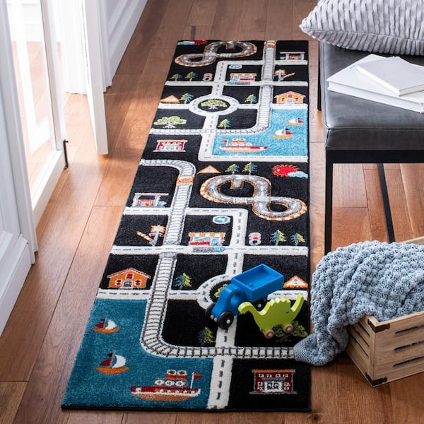Carousel Kids Black/Ivory 2 ft. x 8 ft. Geometric Runner Rug