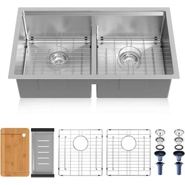 33 in. Undermount Double Bowls 18 Gauge Nano Finish Stainless Steel Kitchen Sink with Workstation