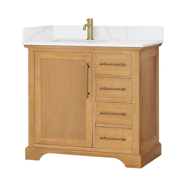 Tokyo 36 in. W. x 22 in. D x 44 in. H Single Bath Vanity in Oak Natural Brown with Silk White Quartz Stone Top