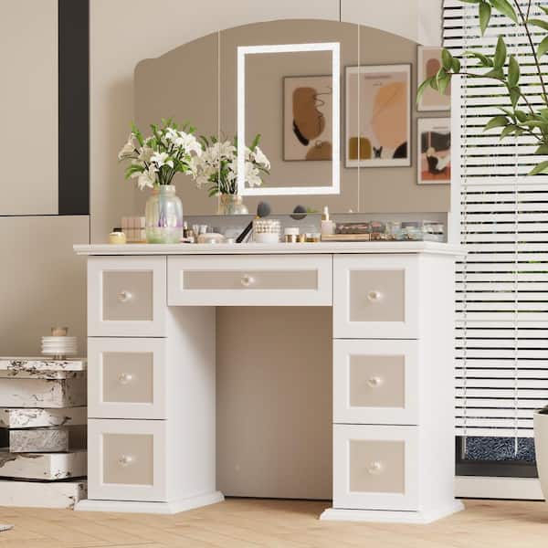 FUFU&GAGA White Makeup Vanity Table with Fold Mirrors, Bluetooth Adjustable Colorful Lights, 7-Drawers, Hidden Storage Shelves