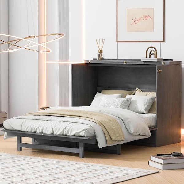 Gray Wood Frame Full Murphy Bed with USB Ports and Drawer
