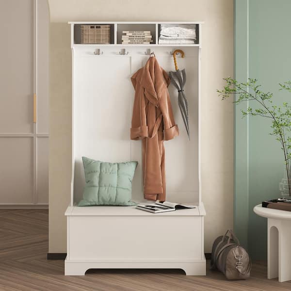 Spaco White Hall Tree With 4 Hooks And Hinged Lid Coat Hanger Entryway Bench Storage 3 In 1 Design Mb Wf284421aak Spaco White Hall Tree With 4 Hooks And, Entrance Bench With Coat Hooks