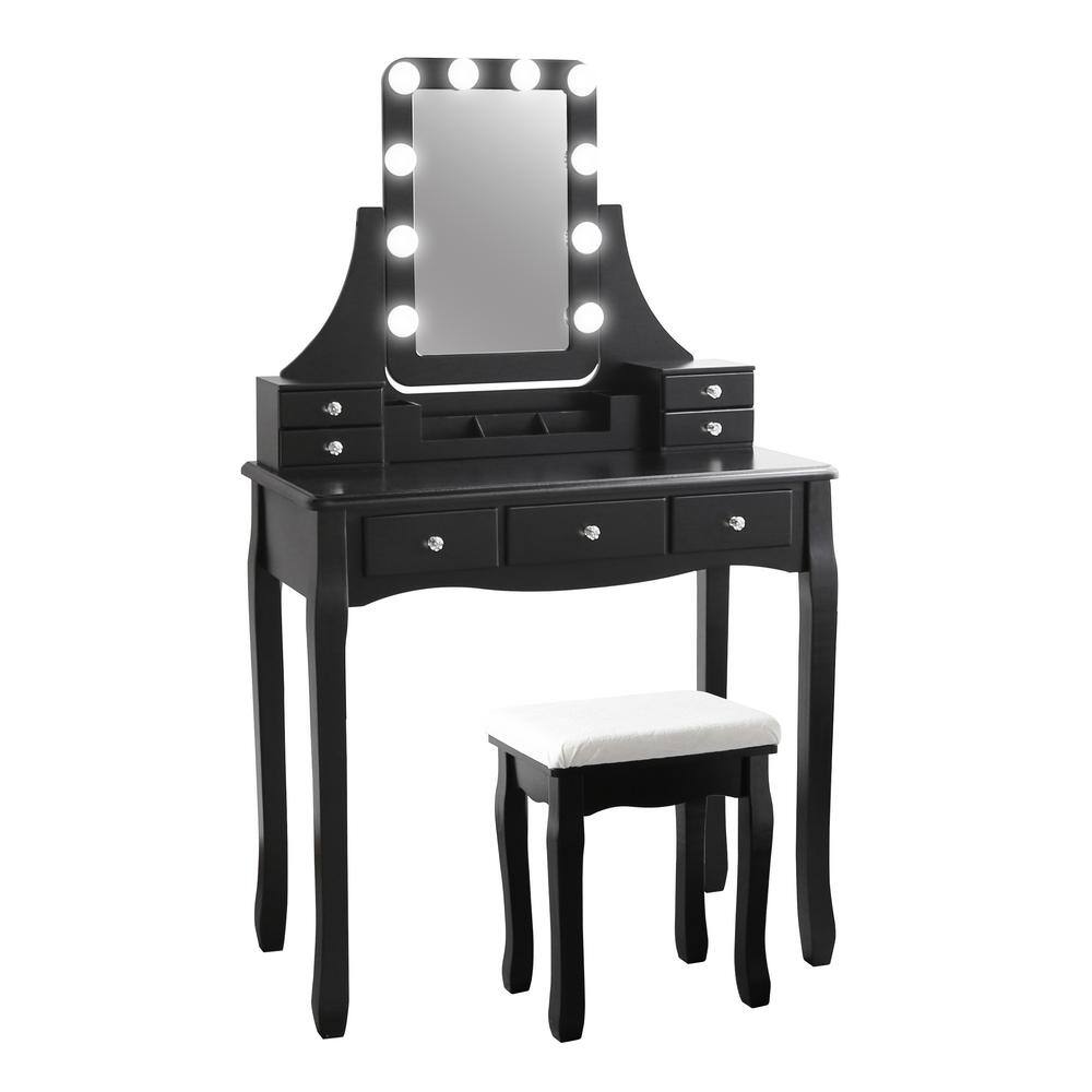 VEIKOUS Modern Black Wooden Vanity Makeup Table Sets With Rectangle LED