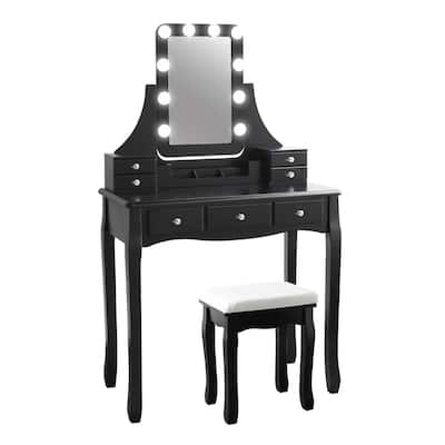 Veikous Black Wooden Bedroom Vanity, Black Makeup Vanity With Lights And Drawers