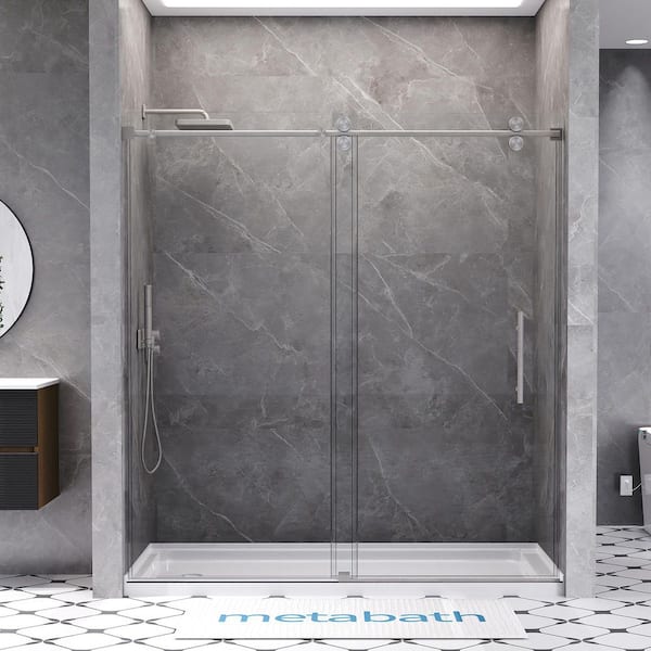 66 to 72 in. W x 76 in. H Single Sliding Frameless Shower Door in Brushed Nickel with 3/8 in. Tempered Clear Glass