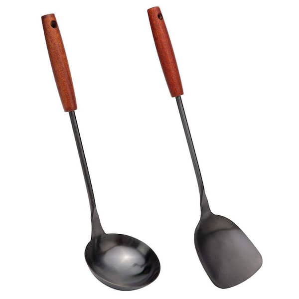 Black Finish Stainless Steel Ergonomic Heat-Resistant Wok Spatula and Ladle Kitchen Utensil Accessory Set