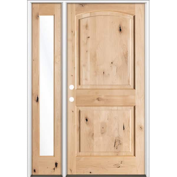 46 in. x 96 in. Knotty Alder 2 Panel Arch-Top Right-Hand/Inswing Clear Glass Unfinished Wood Prehung Front Door LFSL
