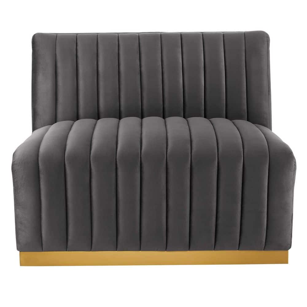 Gold Gray Velvet Slipper Chair with Channel Tufting