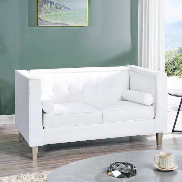HOMESTOCK Loveseat for Living Room, Tufted Cushion, Solid Wooden Legs Reading Chairs for Bedroom Comfy - White