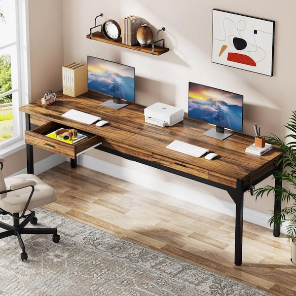 Moronia 78.7 in. Rectangular Rustic Brown Wood 2 Person Computer Desk with  Adjustable Foot Pads for Home Office Table