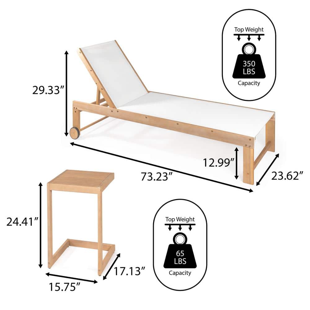 White and Light Teak Acacia Wood 3-Position Outdoor Chaise Lounge Set with Side Table