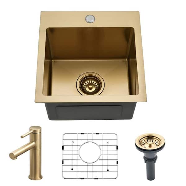 15 in. Drop-In Single Bowl 18-Gauge Gold T304 Stainless Steel Bar Sink for Kitchen and RV with Faucet