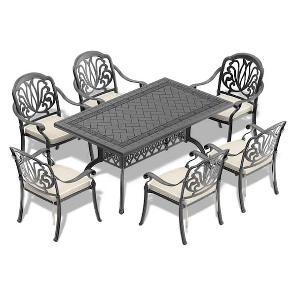 Unbranded Outdoor Black 7-Piece Cast Aluminum Outdoor Dining Set with Random Colors Cushion