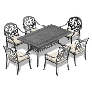 Elizabeth Black 7-Piece Cast Aluminum Outdoor Dining Set with Rectangle Table and Dining Chairs and Random Color Cushion