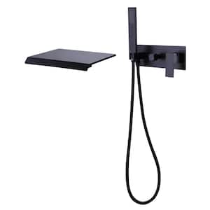 Double Handle Wall Mount Waterfall Roman Tub Faucet with Hand Shower in Matte Black