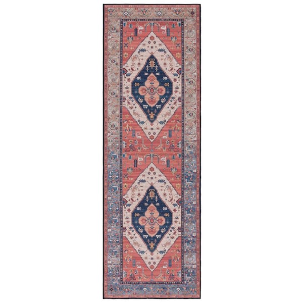 Tucson Rust/Blue 3 ft. x 18 ft. Machine Washable Ornate Border Runner Rug