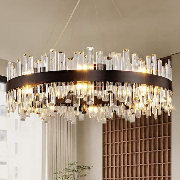 31.5 in. 16-Light Black Crystal Chandelier, Modern Round K9 Crystal Hanging Pendant Ceiling Light Fixture