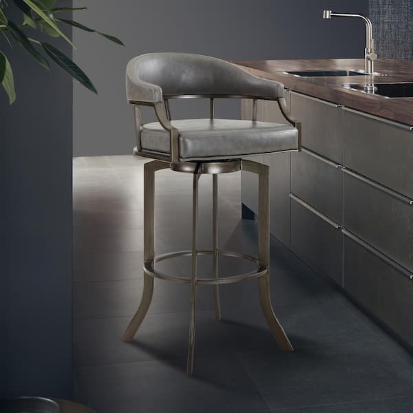 Armen Living Pharaoh Swivel 26" Mineral Finish and Grey Faux Leather Bar Stool
