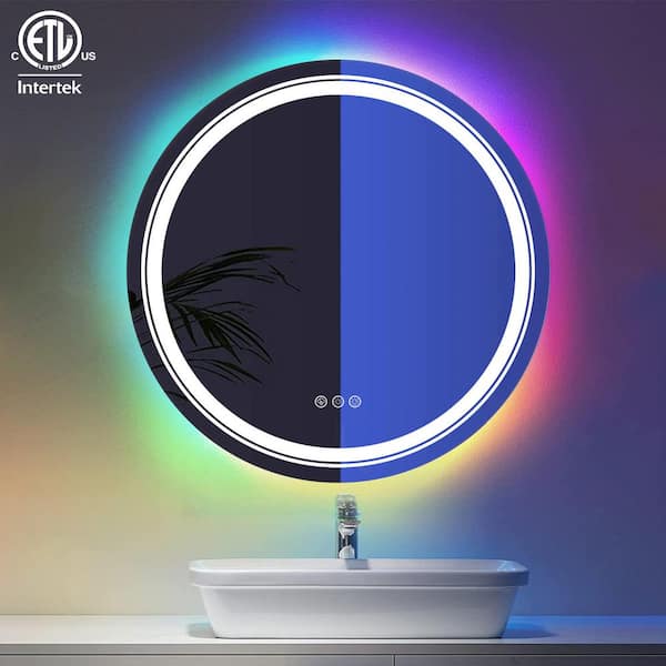 Apmir 24 in. W x 24 in. H Round Frameless High-quality 192 LEDs/m RGB LED Anti-Fog Tempered Glass Wall Bathroom Vanity Mirror