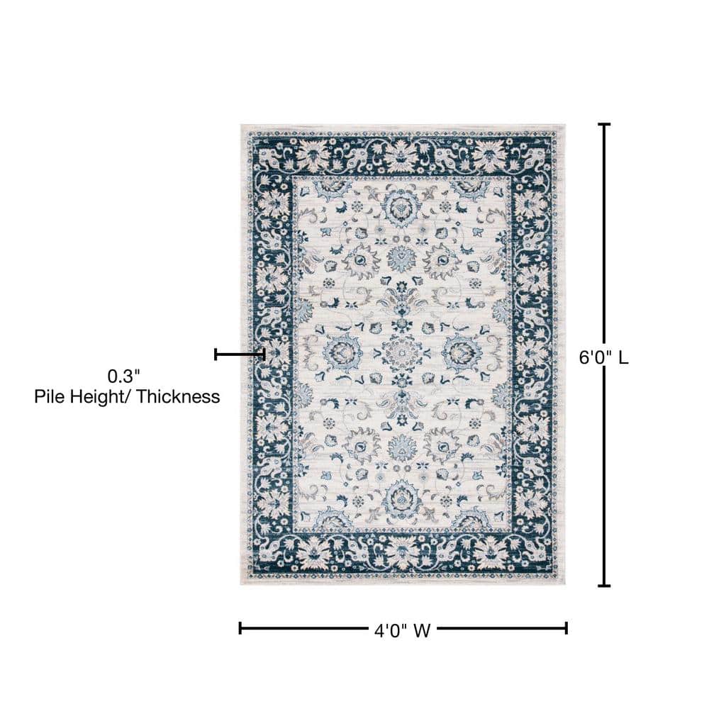 Isabella Cream and Navy 4' x 6' Synthetic Oriental Area Rug