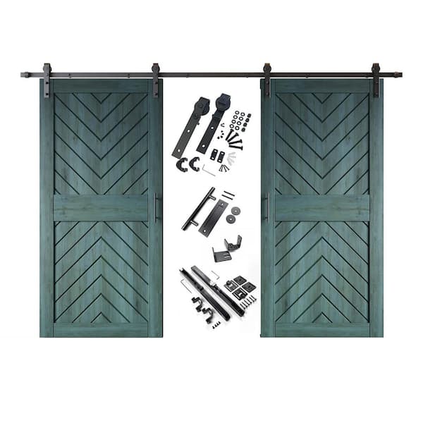 JT4 40 in. x 84 in. C-Panel Royal Pine Fishbone Design Double Pine Wood Sliding Barn Door with Hardware Kit