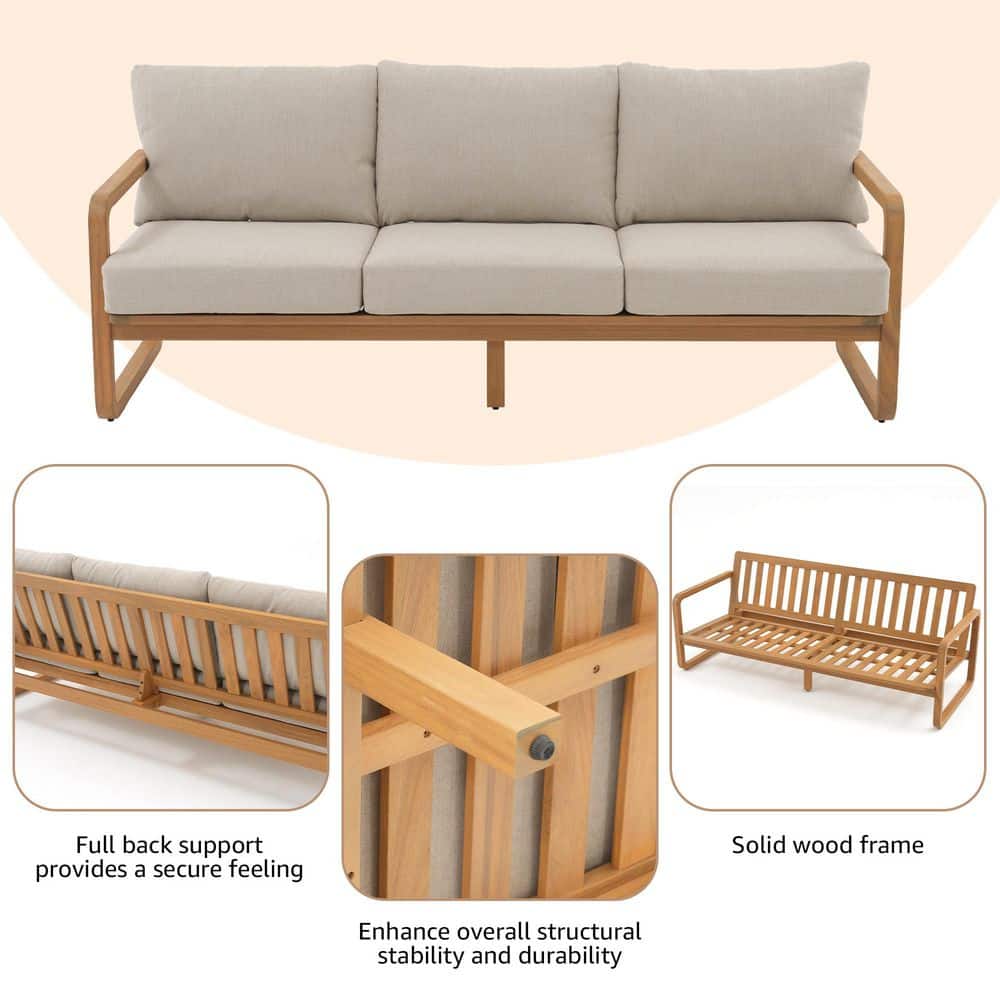 Full wood patio furniture set including sofa, bench, and slatted bench.