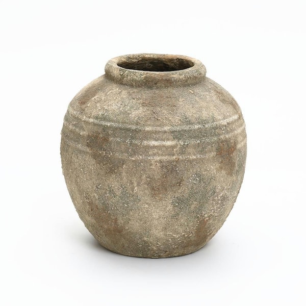 11.8 in. Weathered Gray-Brown Terracotta Finish with Textured Ridges Round Vase, Farmhouse Decor