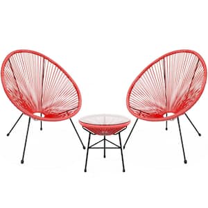 Red 3-Pieces Outdoor Acapulco Woven Plastic Lounge Chair with 2 Chair and Glass Top Table