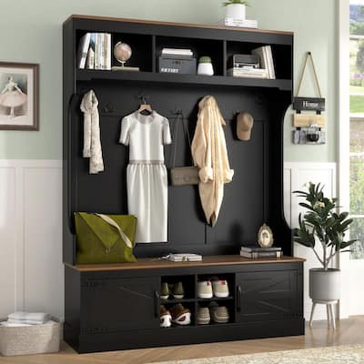Helix Farmhouse Classic Black Wood Hall Tree with Shoe Storage Bench, Shelves, Cabinet, Coat Rack and Hooks