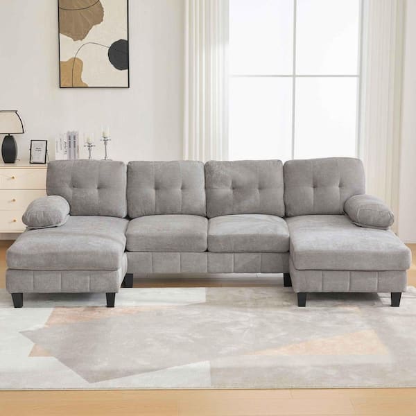 103.5 in. Round Arm Chenille Sectional Sofa with Dual Chaise Lounges, Storage Pockets and Armrest Pillows in. Gray