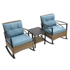 3-Piece Rocking Rattan Set Metal Patio Outdoor Rocking Chair Conversation Set with Blue Cushions