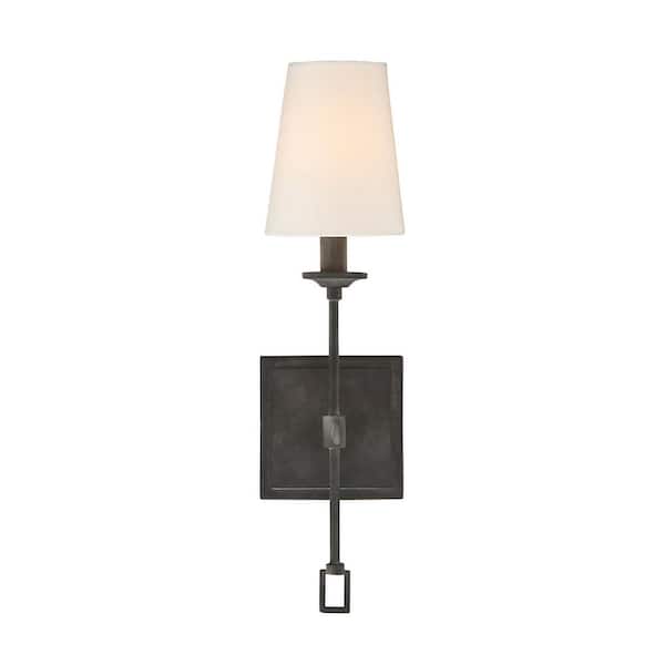 Savoy House Lorainne 4.75 in. W x 17.5 in. H 1-Light in Oxidized Black Wall Sconce with White Fabric Shade