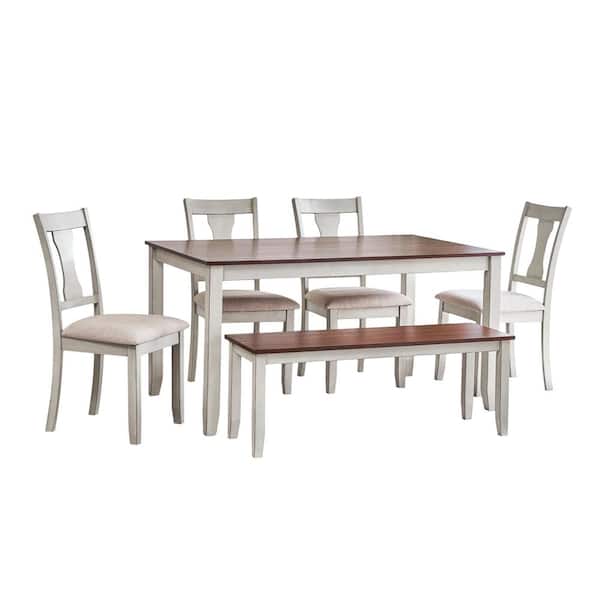Vifah Ellsworth 6-Piece Clay White Frame and Walnut Wood Top Dining Room Set Seats 6