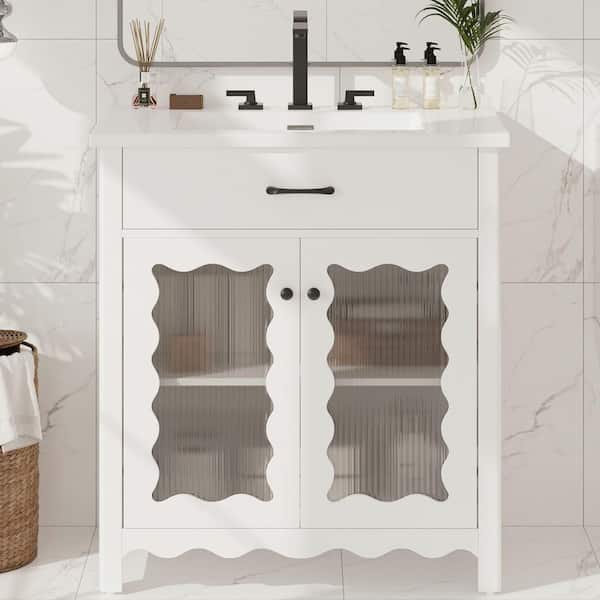 31 in. Freestanding White Bath Vanity with White Ceramic Top, Bathroom Storage Cabinet with Adjustable Shelf Unassembled