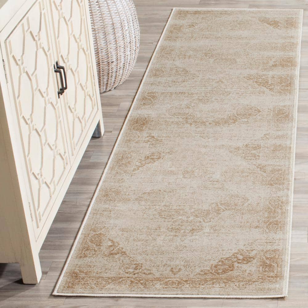 Vintage Stone and Beige Wool Viscose Runner Rug