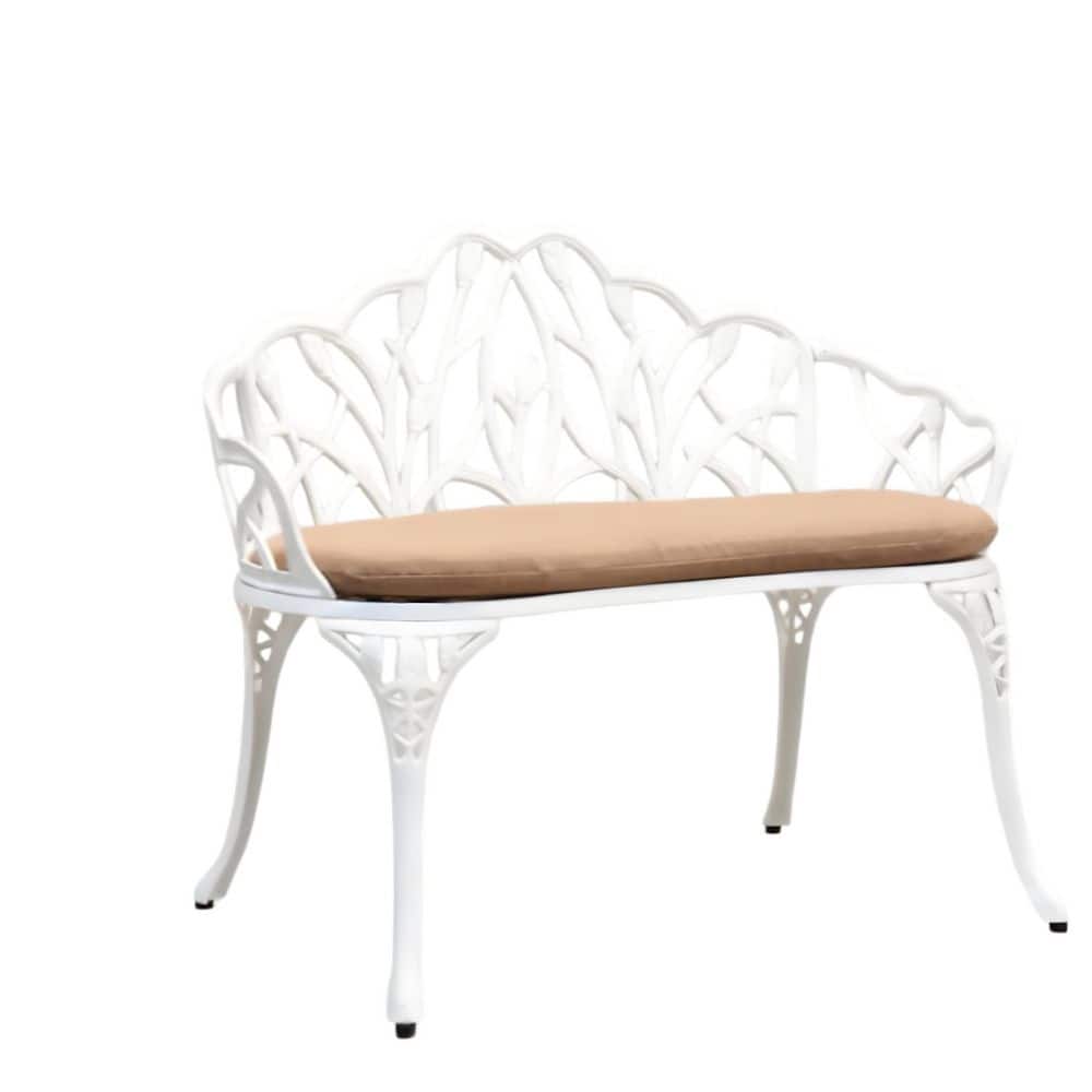 Durable 39 in. White Metal Outdoor Bench with Floral Rose Pattern and ...