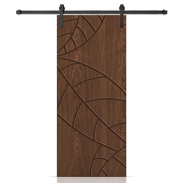 CALHOME 24 in. x 84 in. Leaf Hollow Core Walnut Oak Veneer Composite Interior Sliding Barn Door with Hardware Kit