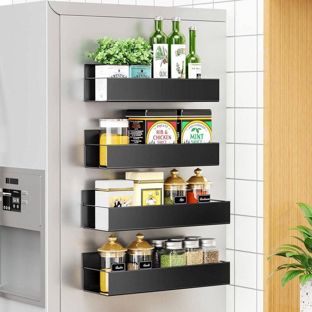 Moveable Spice Racks 4 Pack Metal Black Magnetic Shelves No