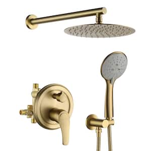 5-Spray Patterns with 3.2 GPM 10 in. Wall Mount Dual Shower Heads with Rough-In Valve Body and Trim in Brushed Gold