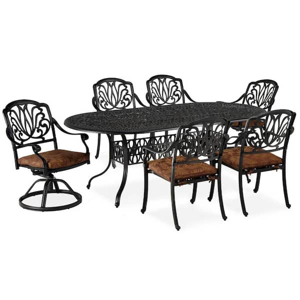 Capri Charcoal Gray 7-Piece Cast Aluminum Oval Outdoor Dining Set with Burnt Sierra Orange Cushions